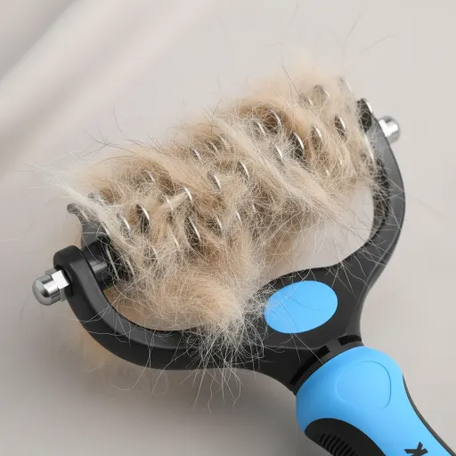 Blue Deshedding Brush with Metal Comb for Detangling and Dematting Long